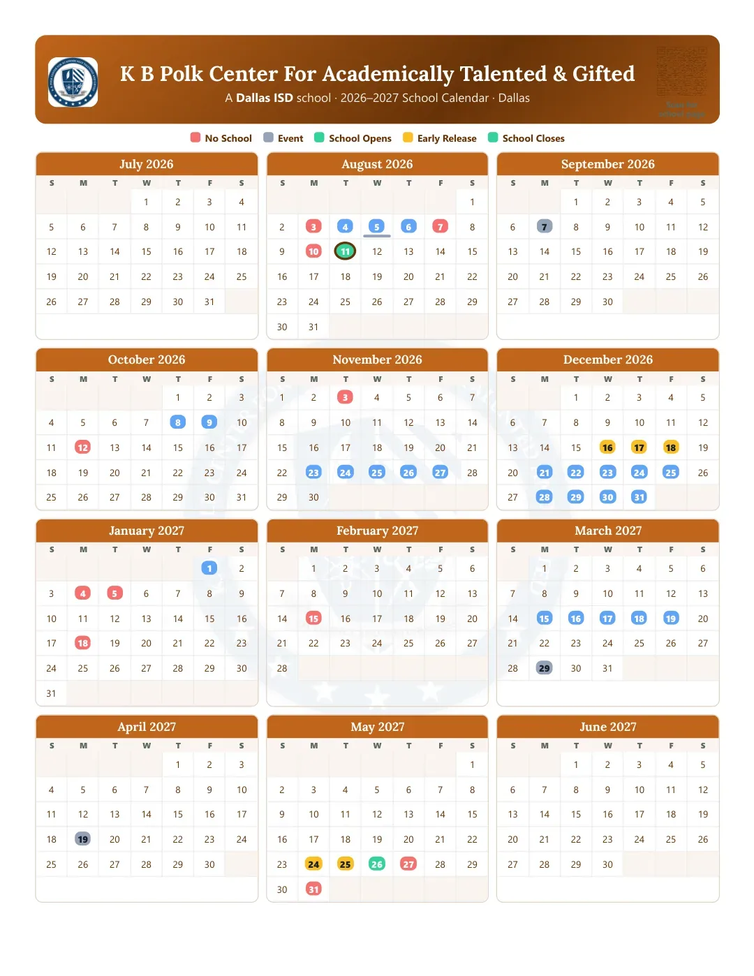 K B Polk Center For Academically Talented & Gifted Calendar for the Year 26-27