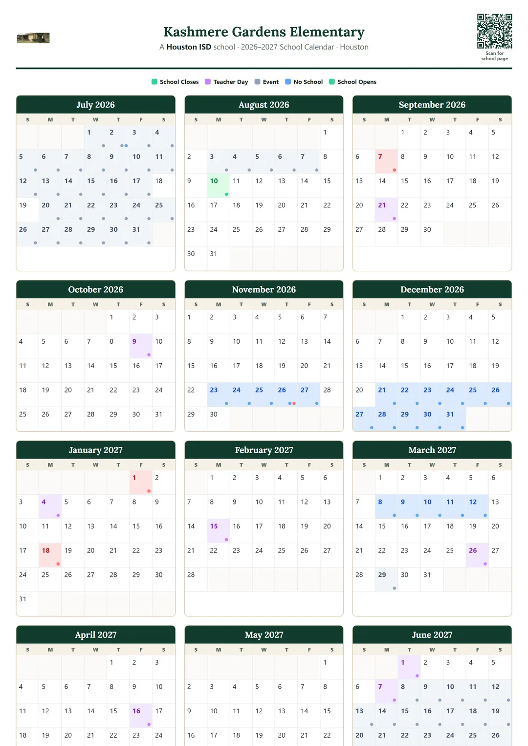 Kashmere Gardens Elementary printable 2026–2027 calendar