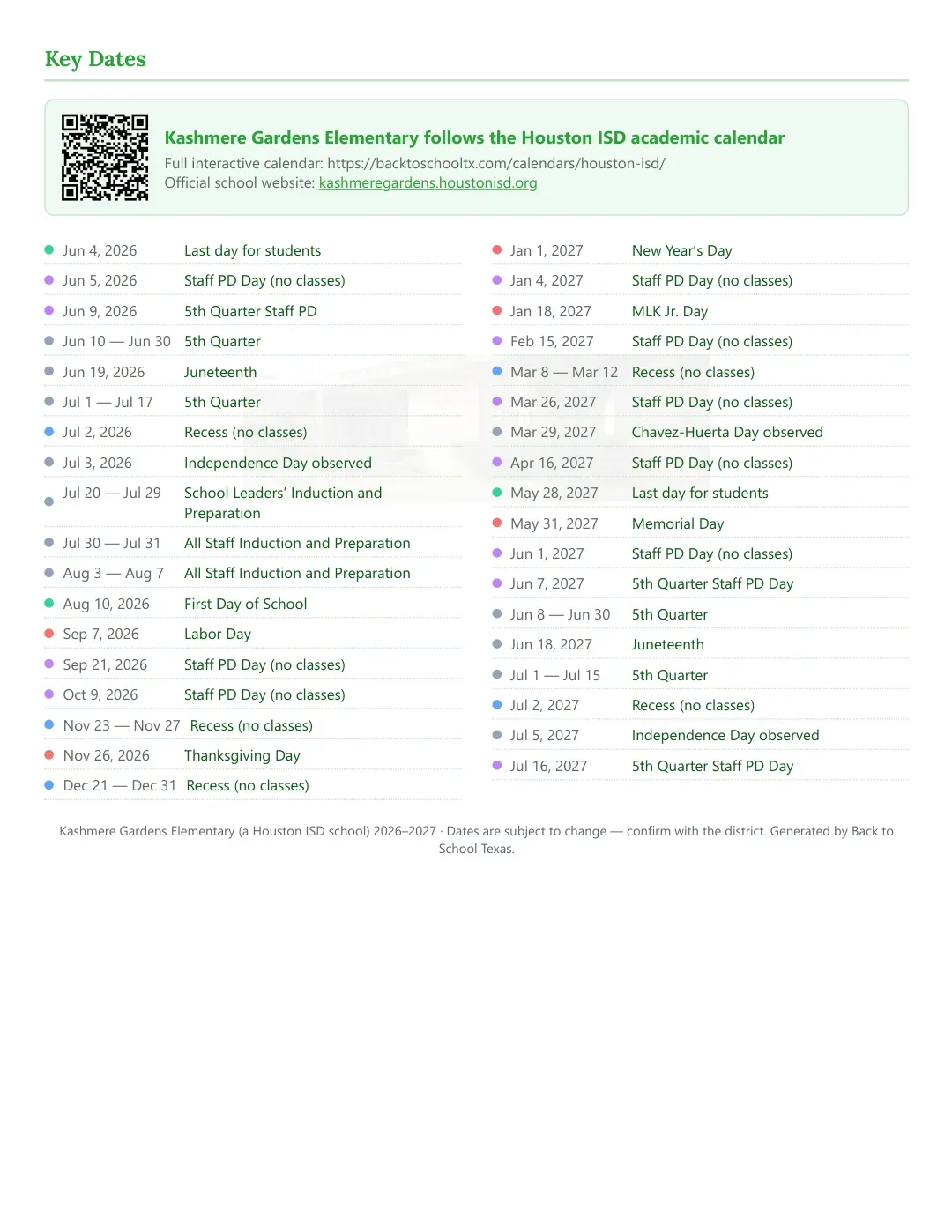 Kashmere Gardens Elementary Calendar for the Year 26-27 — key dates