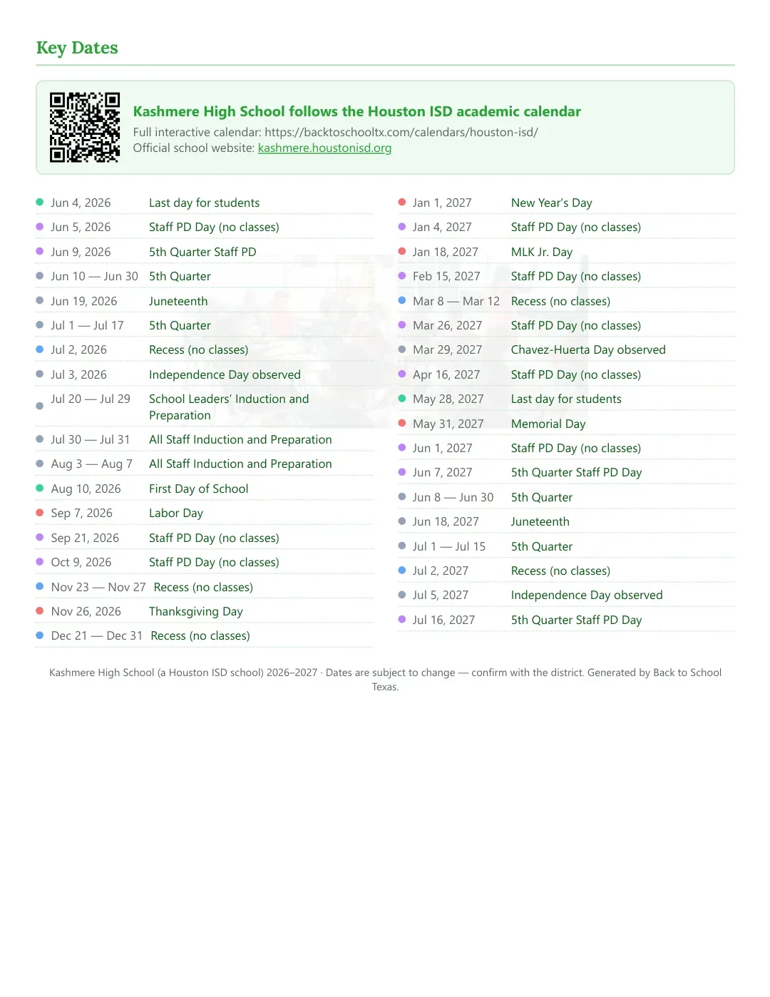 Kashmere High School Calendar for the Year 26-27 — key dates