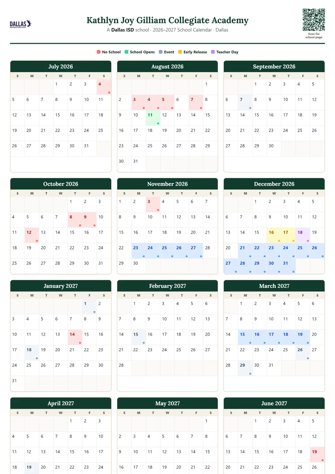 Kathlyn Joy Gilliam Collegiate Academy printable 2026–2027 calendar