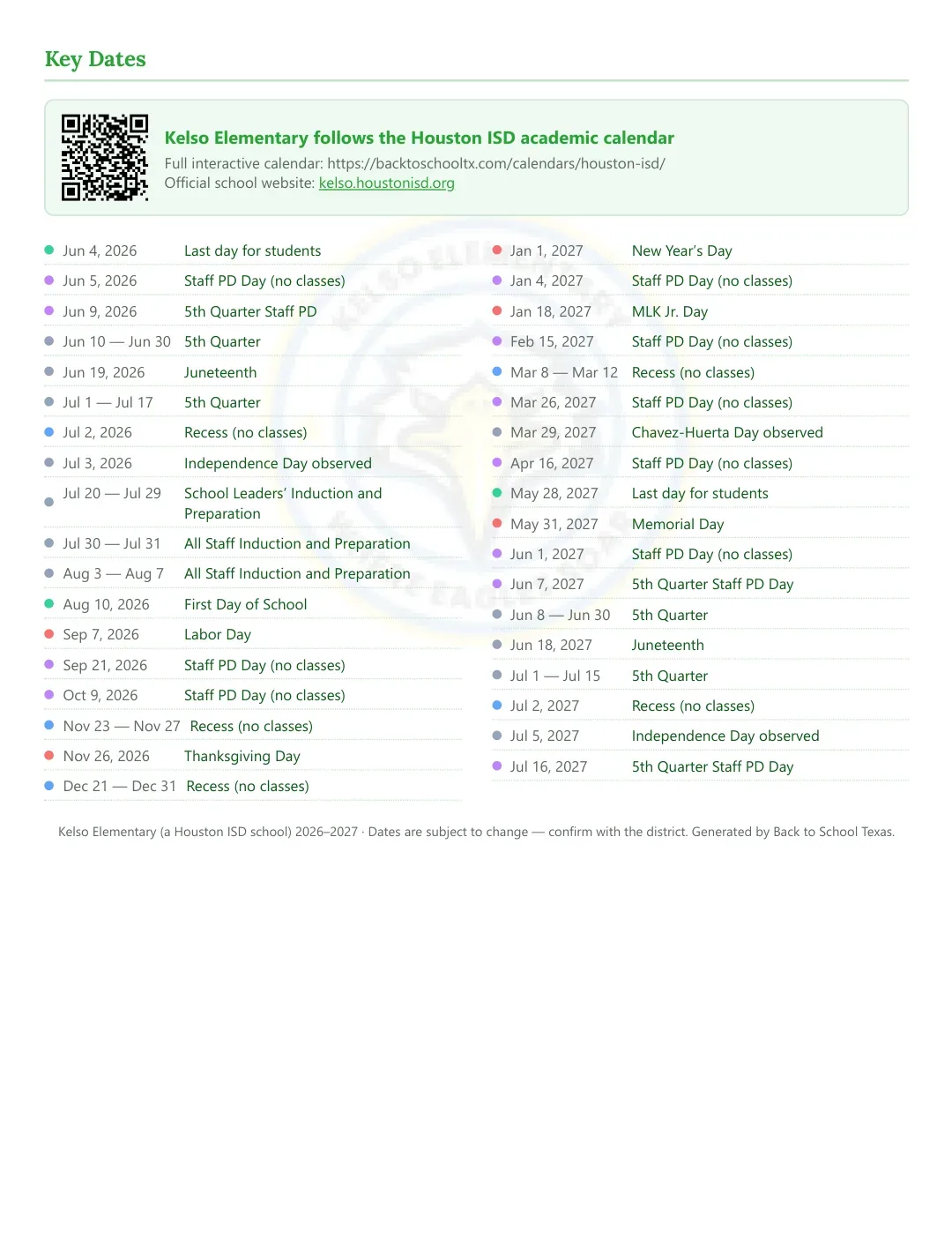 Kelso Elementary Calendar for the Year 26-27 — key dates