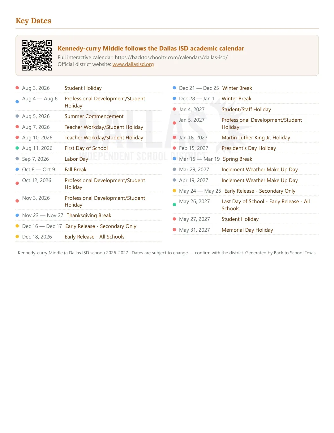 Kennedy-curry Middle Calendar for the Year 26-27 — key dates