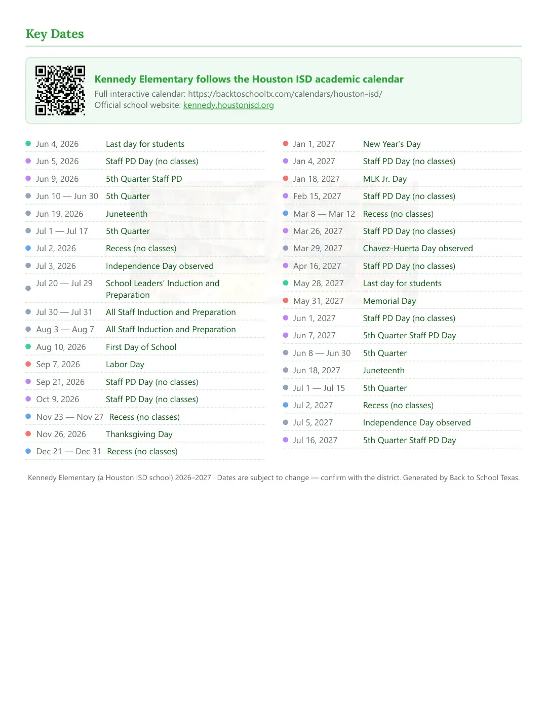 Kennedy Elementary Calendar for the Year 26-27 — key dates