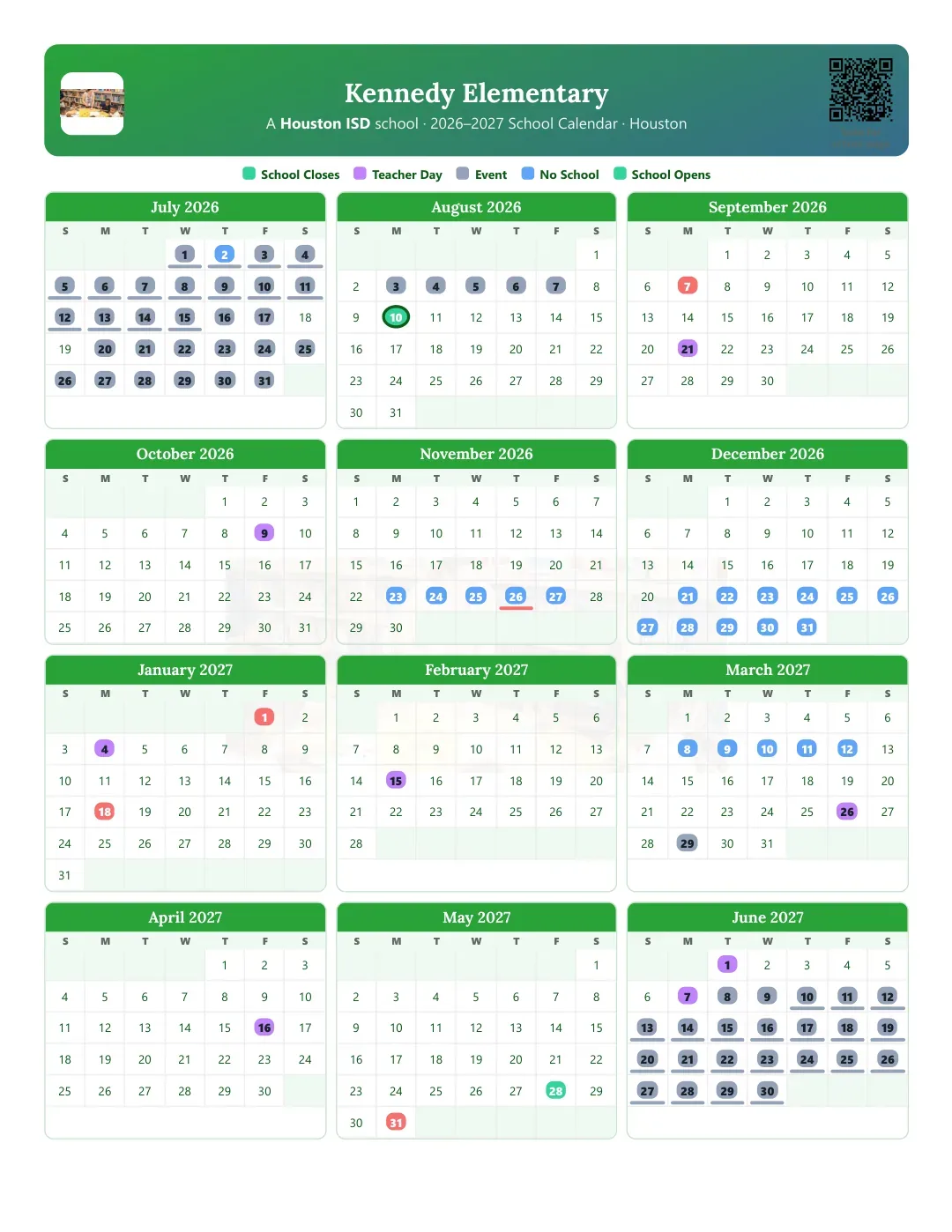 Kennedy Elementary Calendar for the Year 26-27