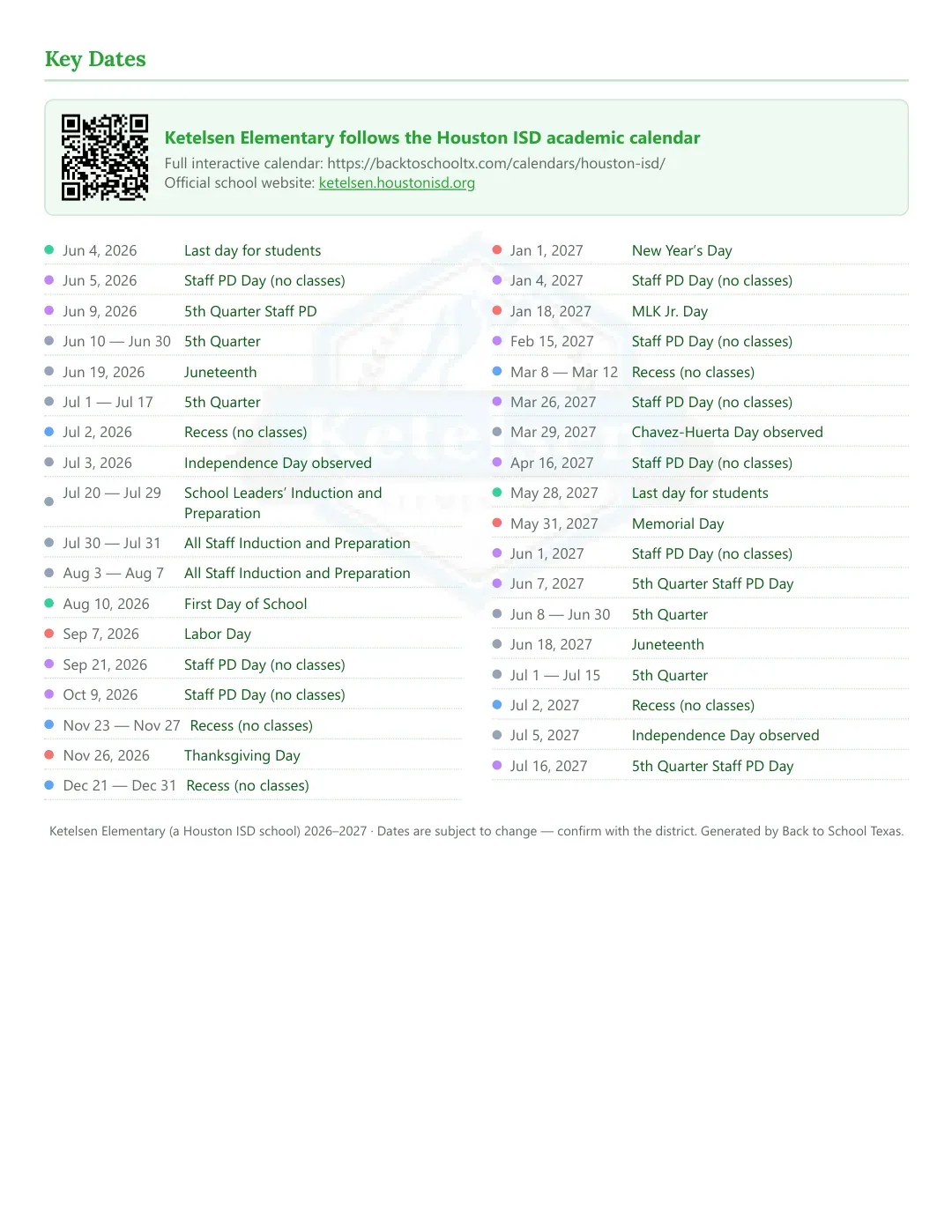 Ketelsen Elementary Calendar for the Year 26-27 — key dates