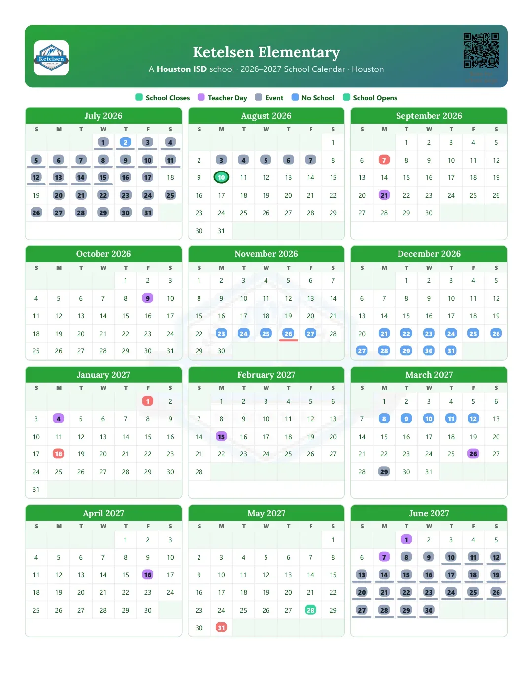 Ketelsen Elementary Calendar for the Year 26-27