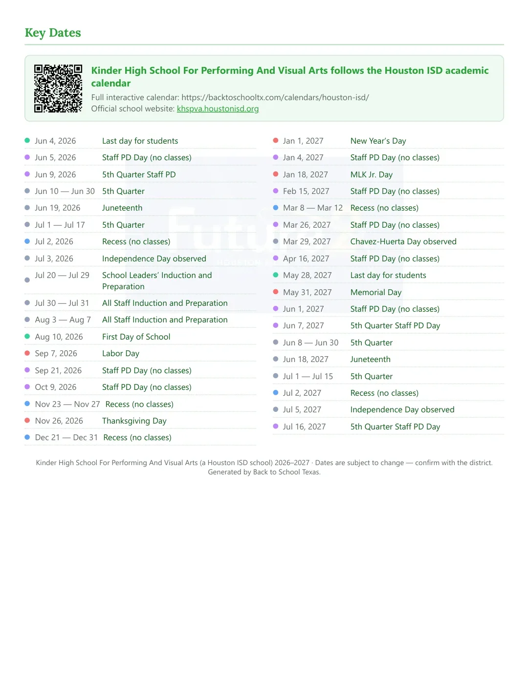 Kinder High School For Performing And Visual Arts Calendar for the Year 26-27 — key dates