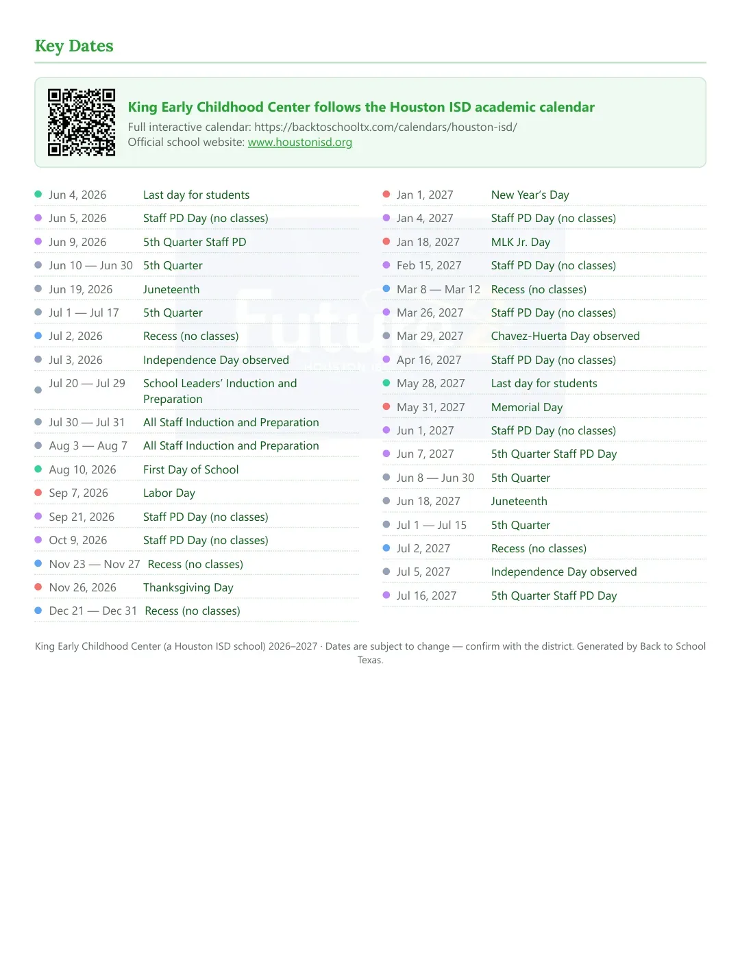 King Early Childhood Center Calendar for the Year 26-27 — key dates