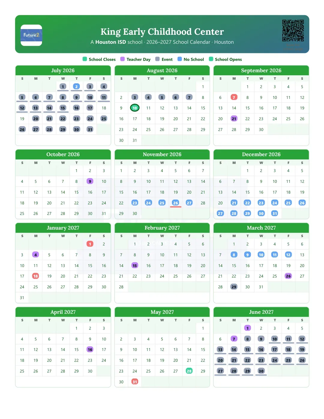 King Early Childhood Center Calendar for the Year 26-27