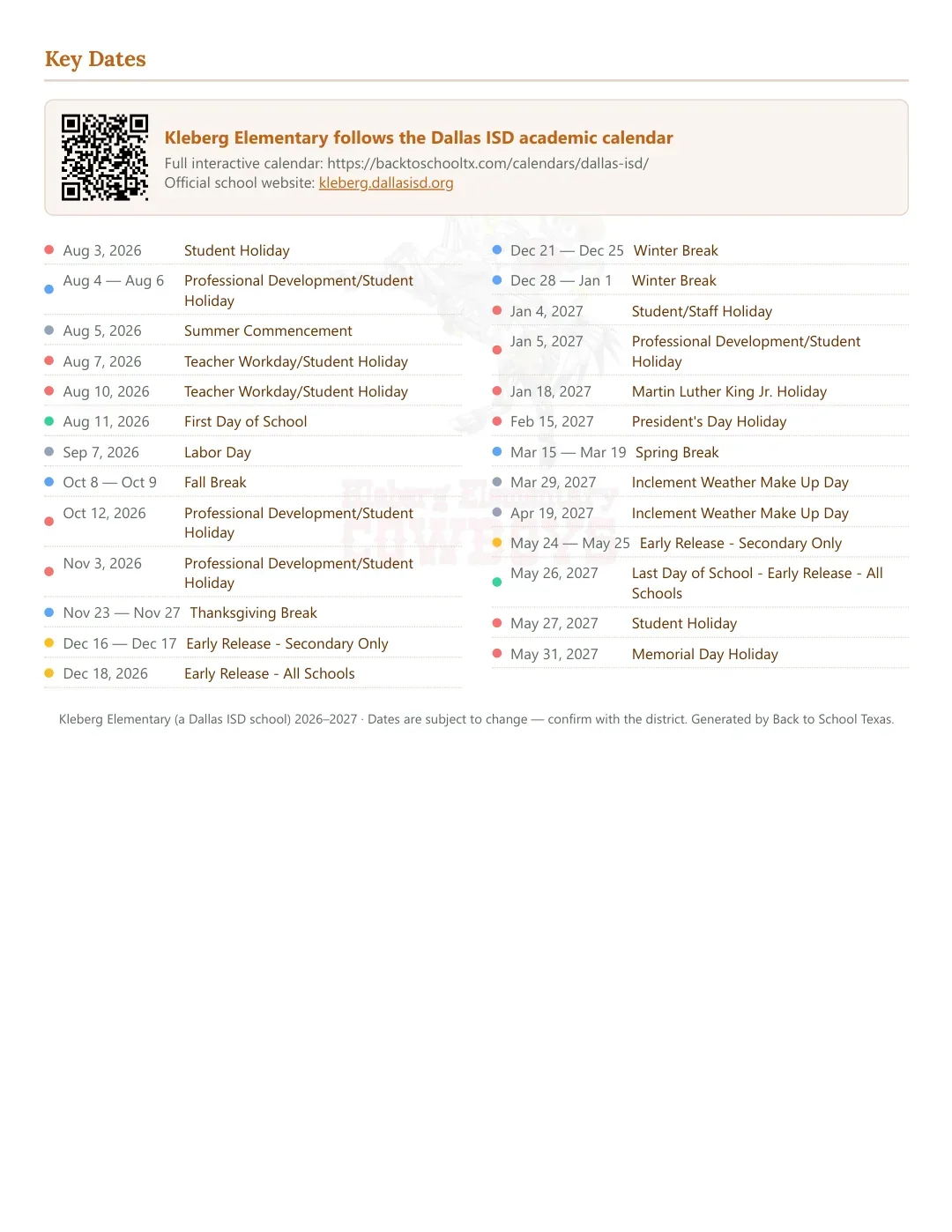 Kleberg Elementary Calendar for the Year 26-27 — key dates