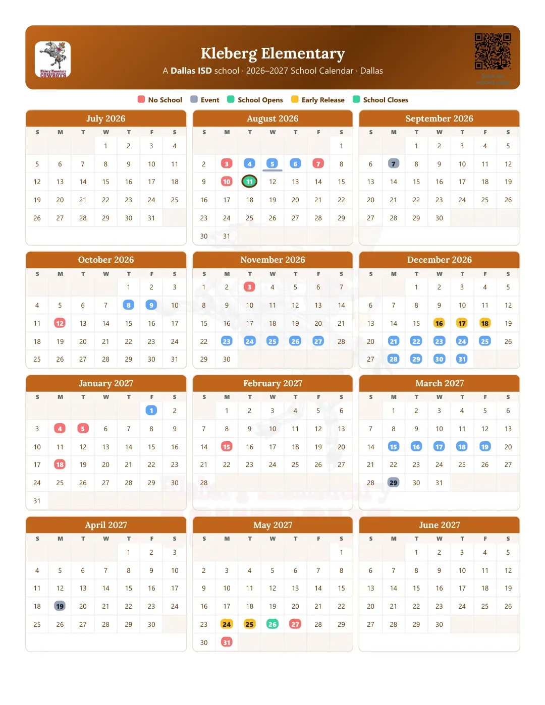 Kleberg Elementary Calendar for the Year 26-27