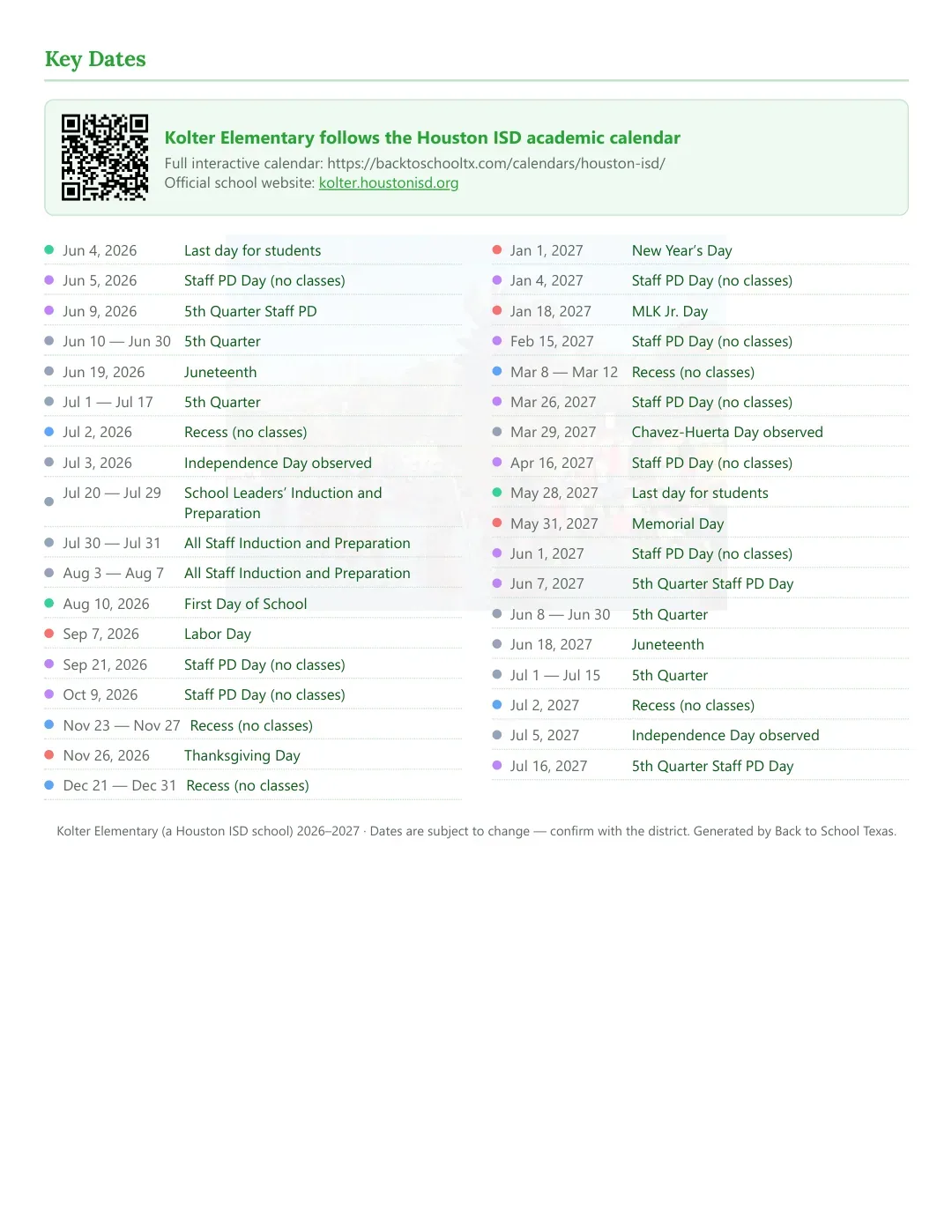 Kolter Elementary Calendar for the Year 26-27 — key dates