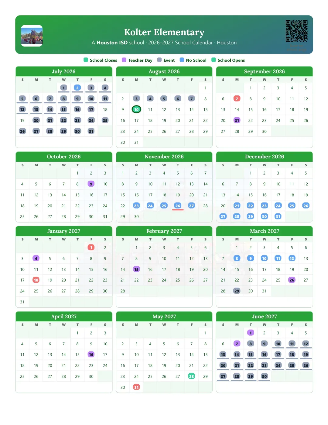 Kolter Elementary Calendar for the Year 26-27