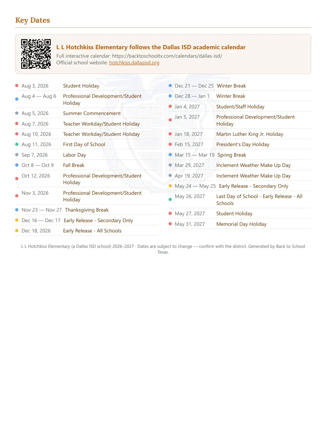 L L Hotchkiss Elementary Calendar for the Year 26-27 — key dates