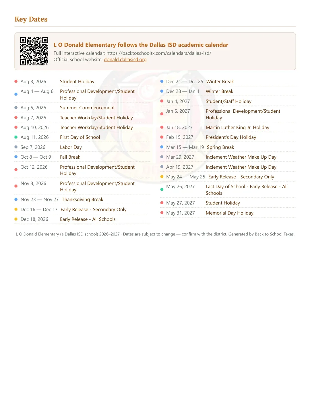 L O Donald Elementary Calendar for the Year 26-27 — key dates