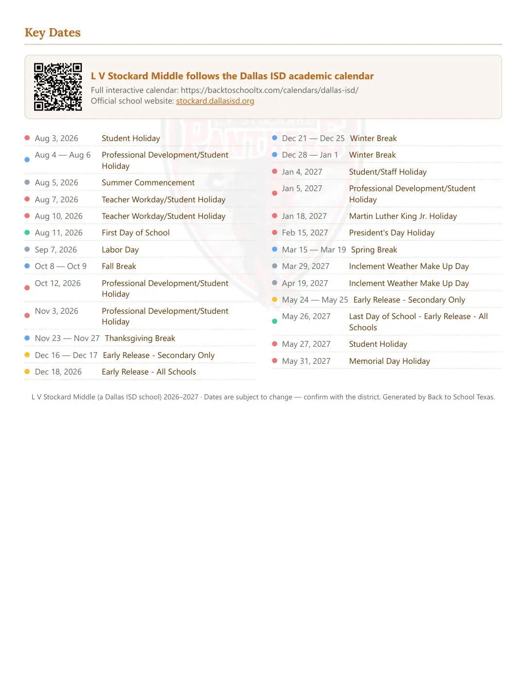 L V Stockard Middle Calendar for the Year 26-27 — key dates