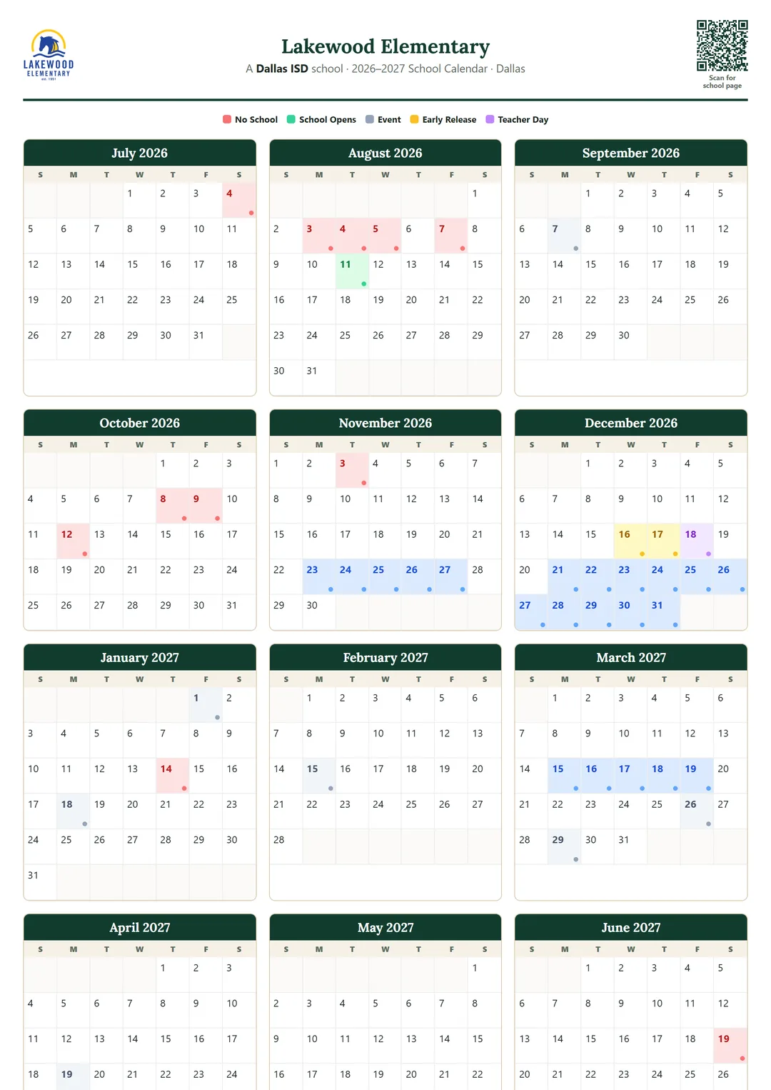 Lakewood Elementary printable 2026–2027 calendar
