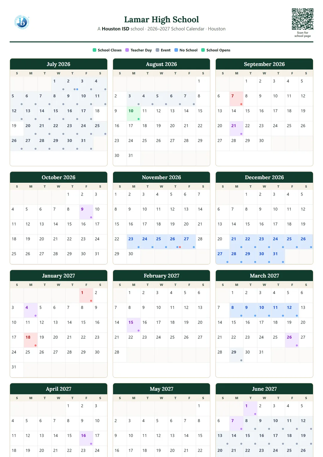 Lamar High School printable 2026–2027 calendar