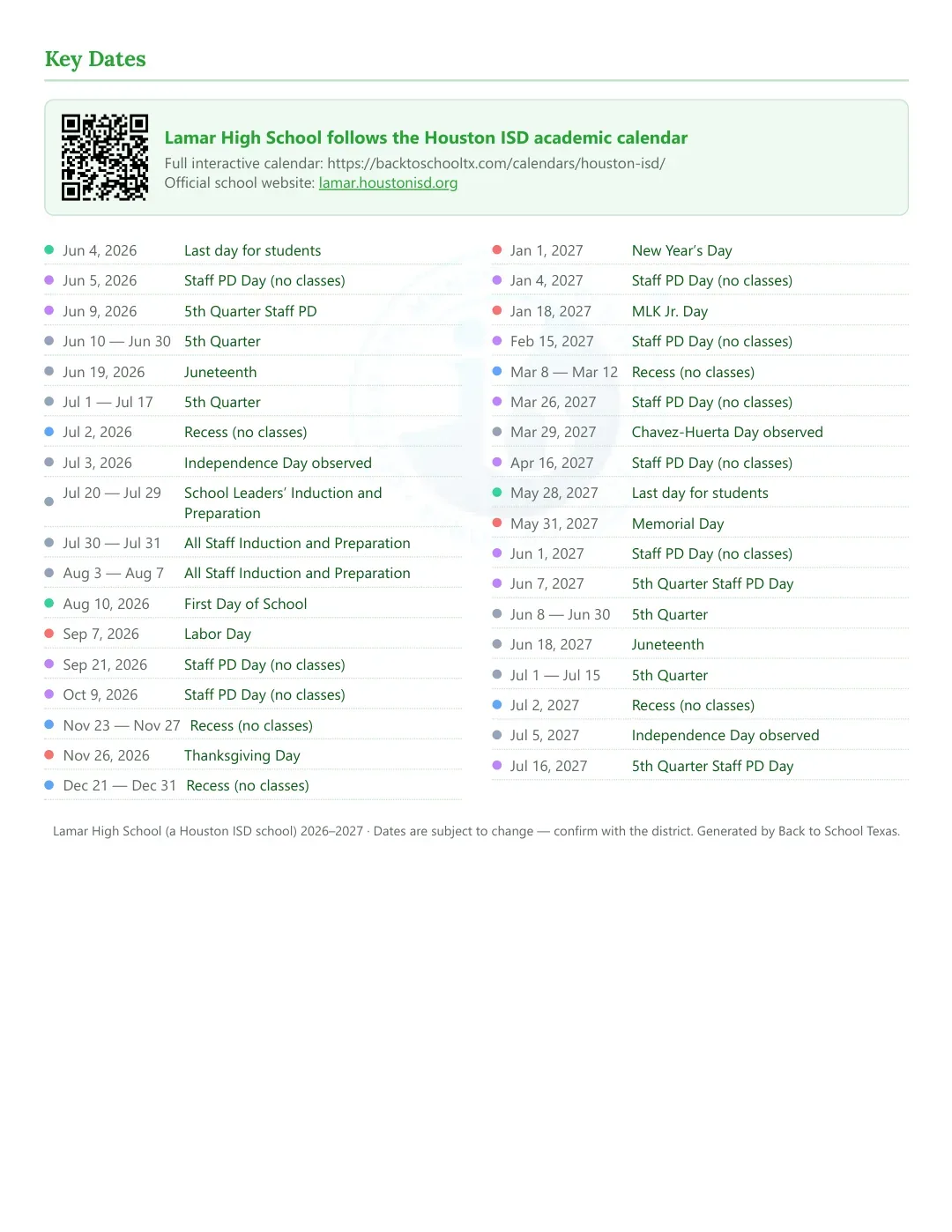 Lamar High School Calendar for the Year 26-27 — key dates
