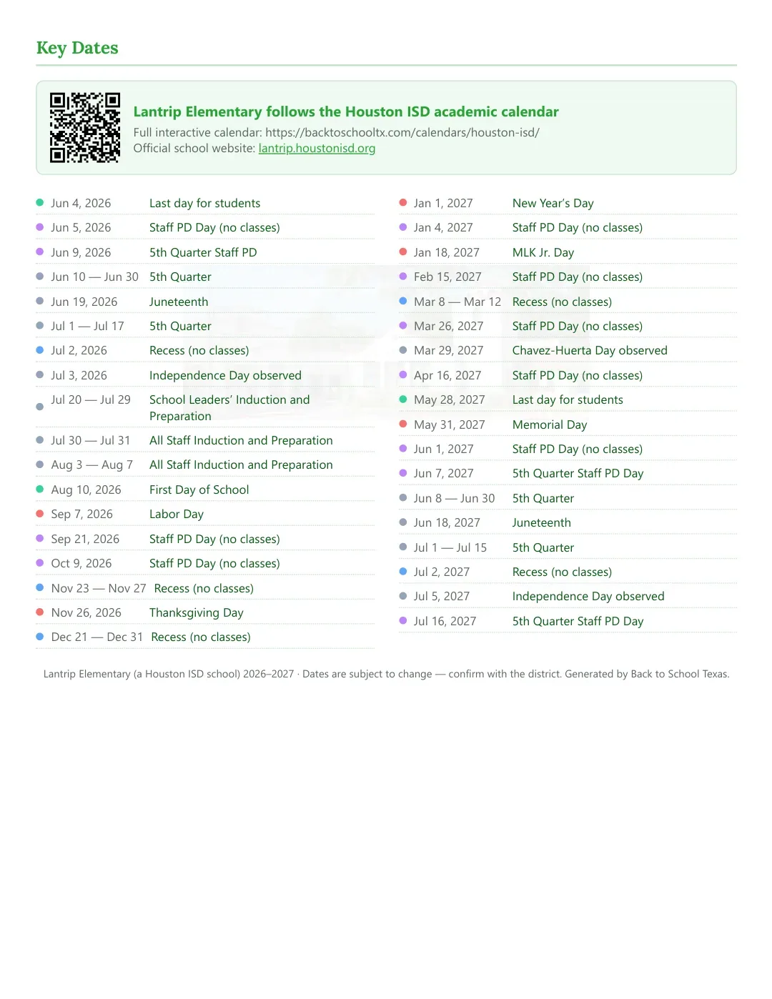 Lantrip Elementary Calendar for the Year 26-27 — key dates
