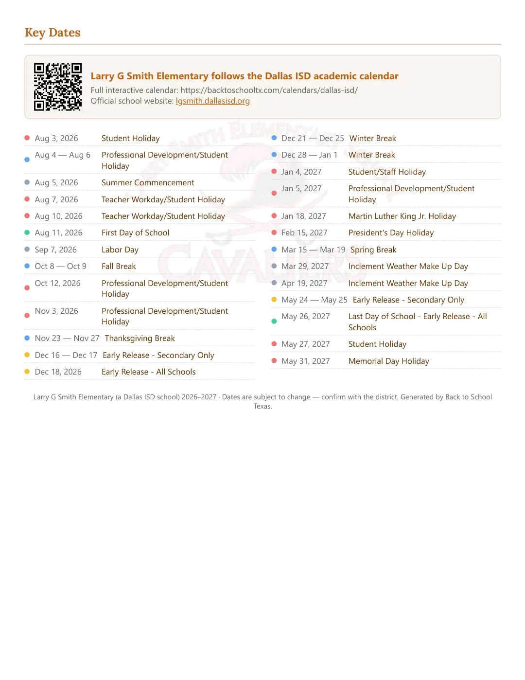 Larry G Smith Elementary Calendar for the Year 26-27 — key dates