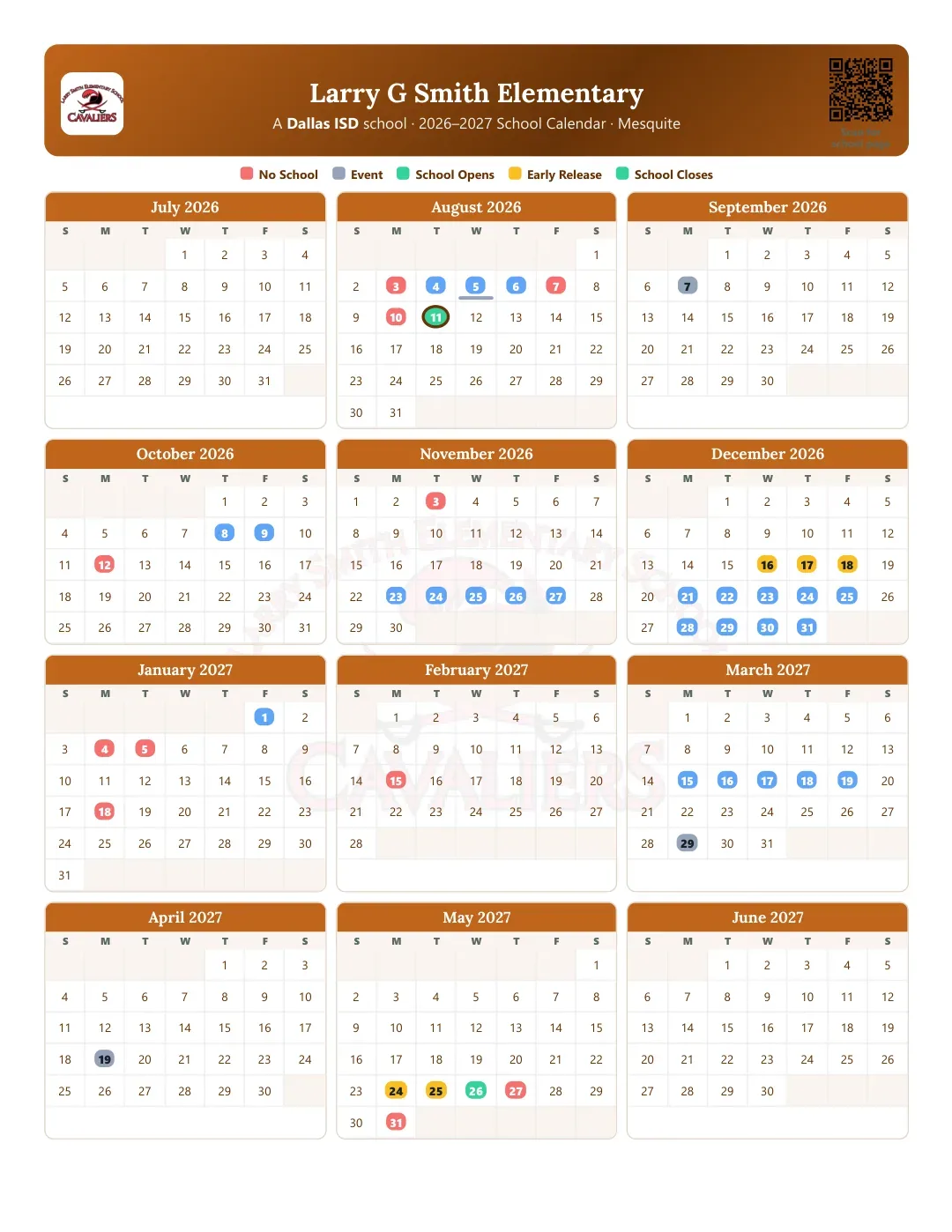 Larry G Smith Elementary Calendar for the Year 26-27