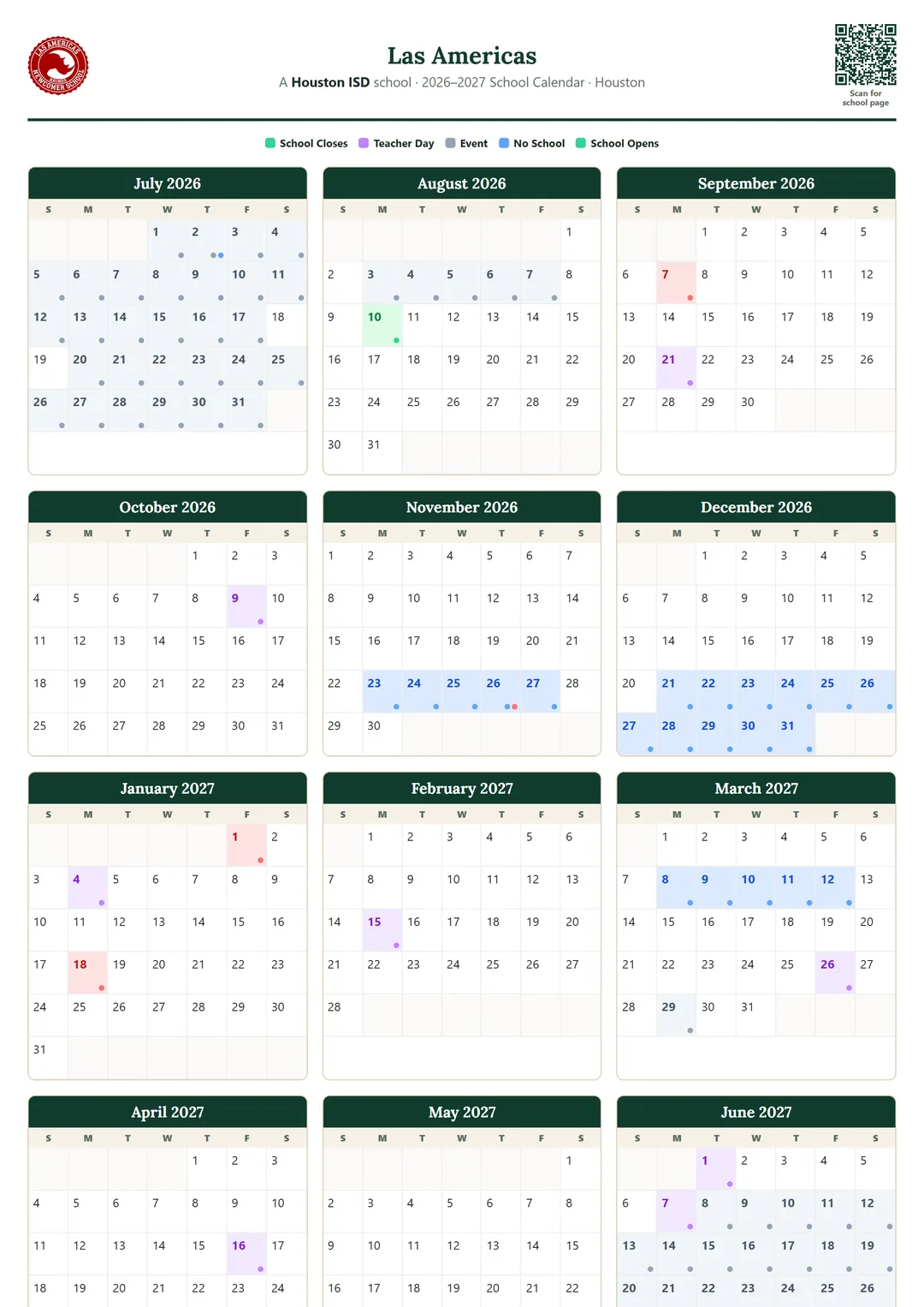 Las Americas printable 2026–2027 calendar