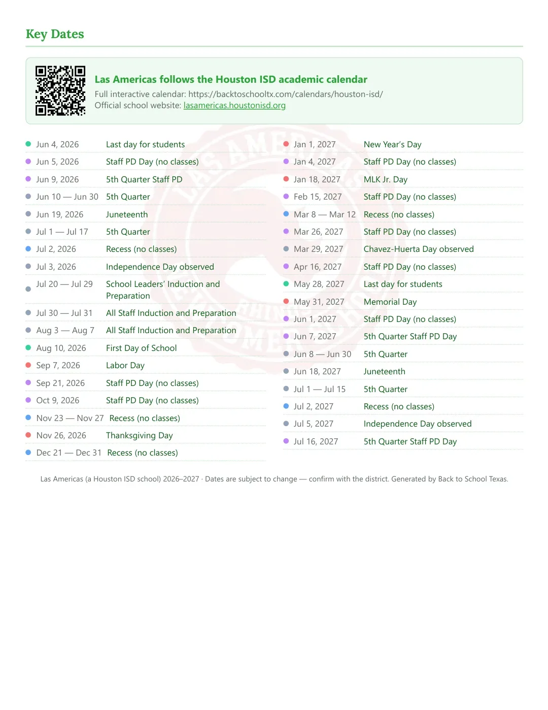 Las Americas Calendar for the Year 26-27 — key dates