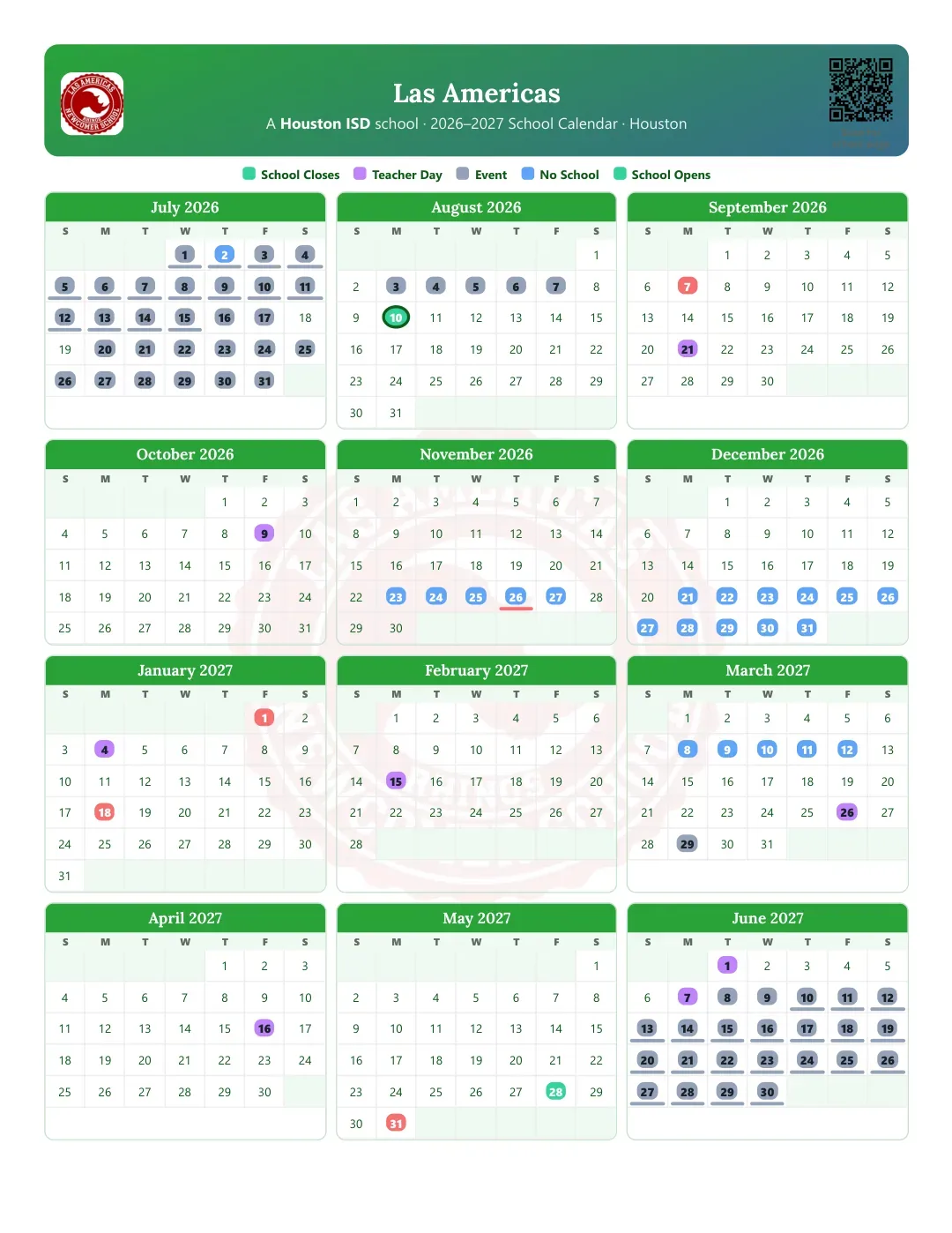 Las Americas Calendar for the Year 26-27