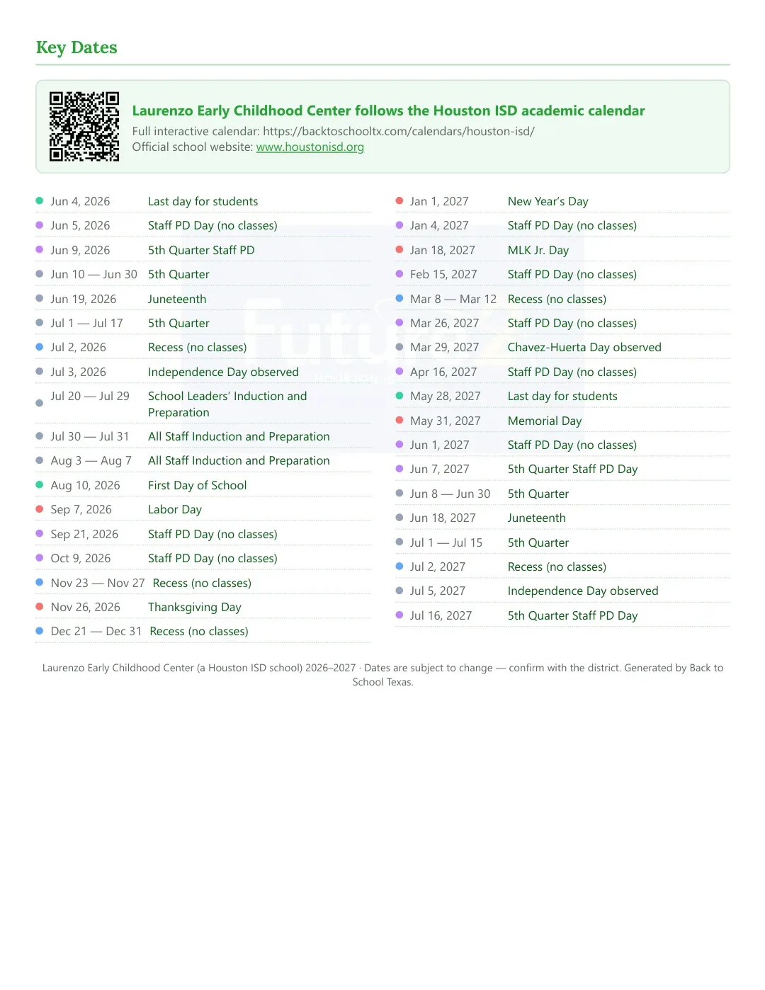 Laurenzo Early Childhood Center Calendar for the Year 26-27 — key dates