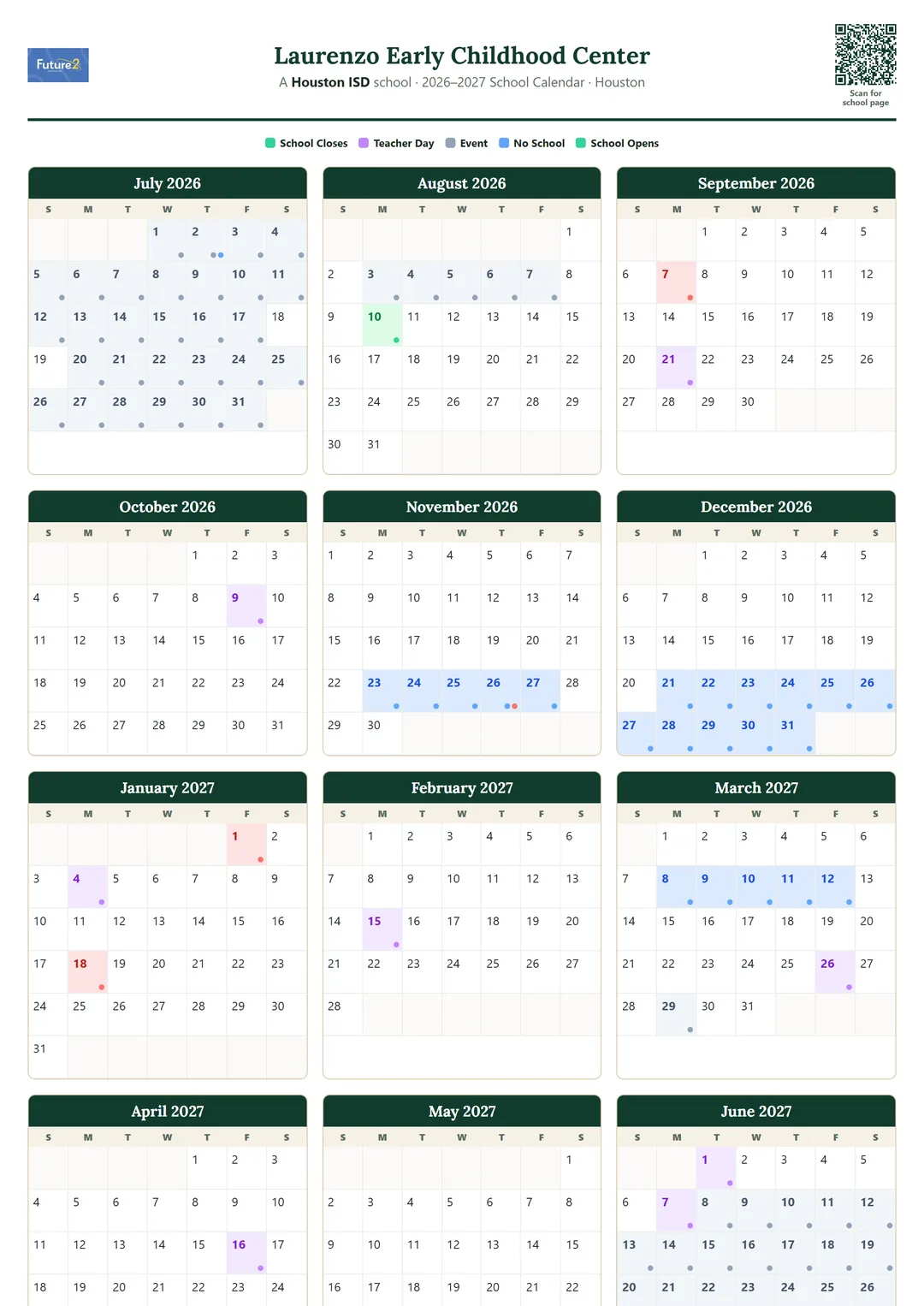 Laurenzo Early Childhood Center printable 2026–2027 calendar