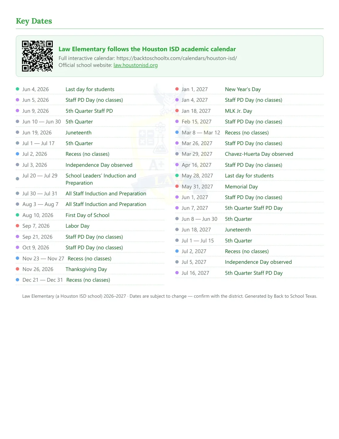 Law Elementary Calendar for the Year 26-27 — key dates