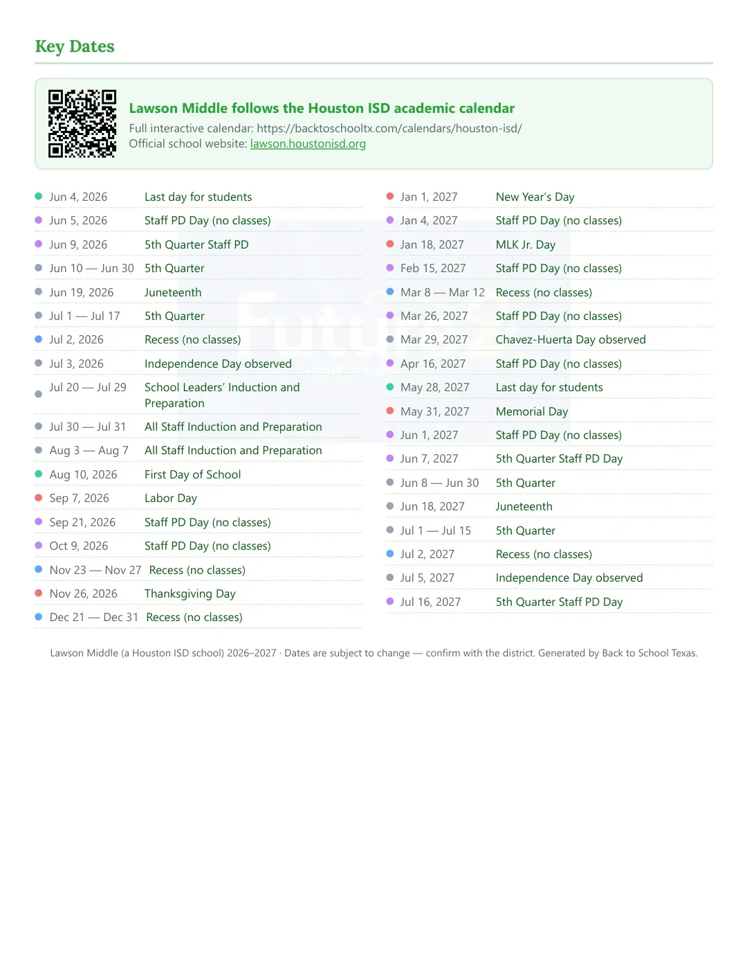 Lawson Middle Calendar for the Year 26-27 — key dates