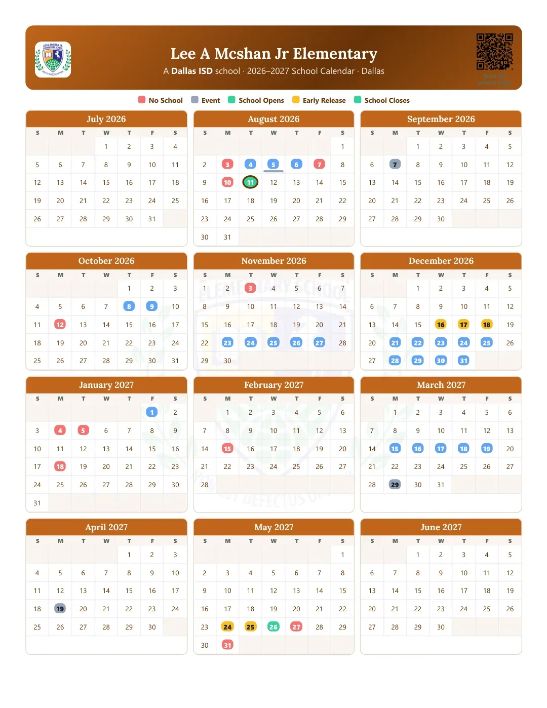 Lee A Mcshan Jr Elementary Calendar for the Year 26-27