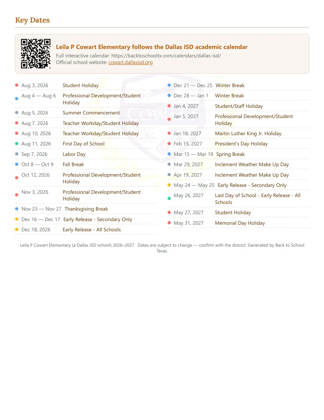 Leila P Cowart Elementary Calendar for the Year 26-27 — key dates
