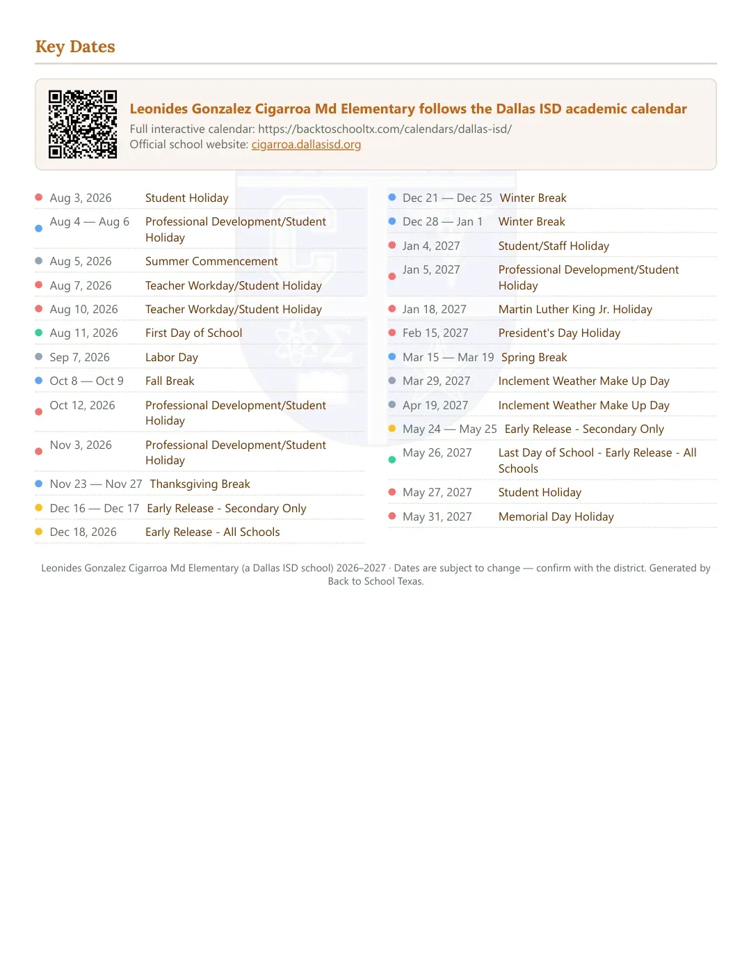 Leonides Gonzalez Cigarroa Md Elementary Calendar for the Year 26-27 — key dates