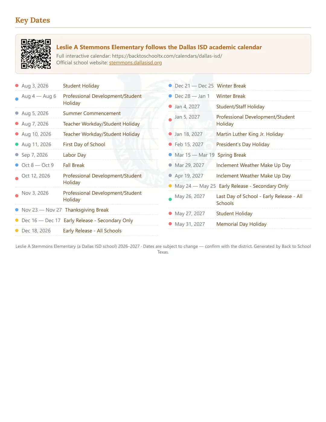 Leslie A Stemmons Elementary Calendar for the Year 26-27 — key dates