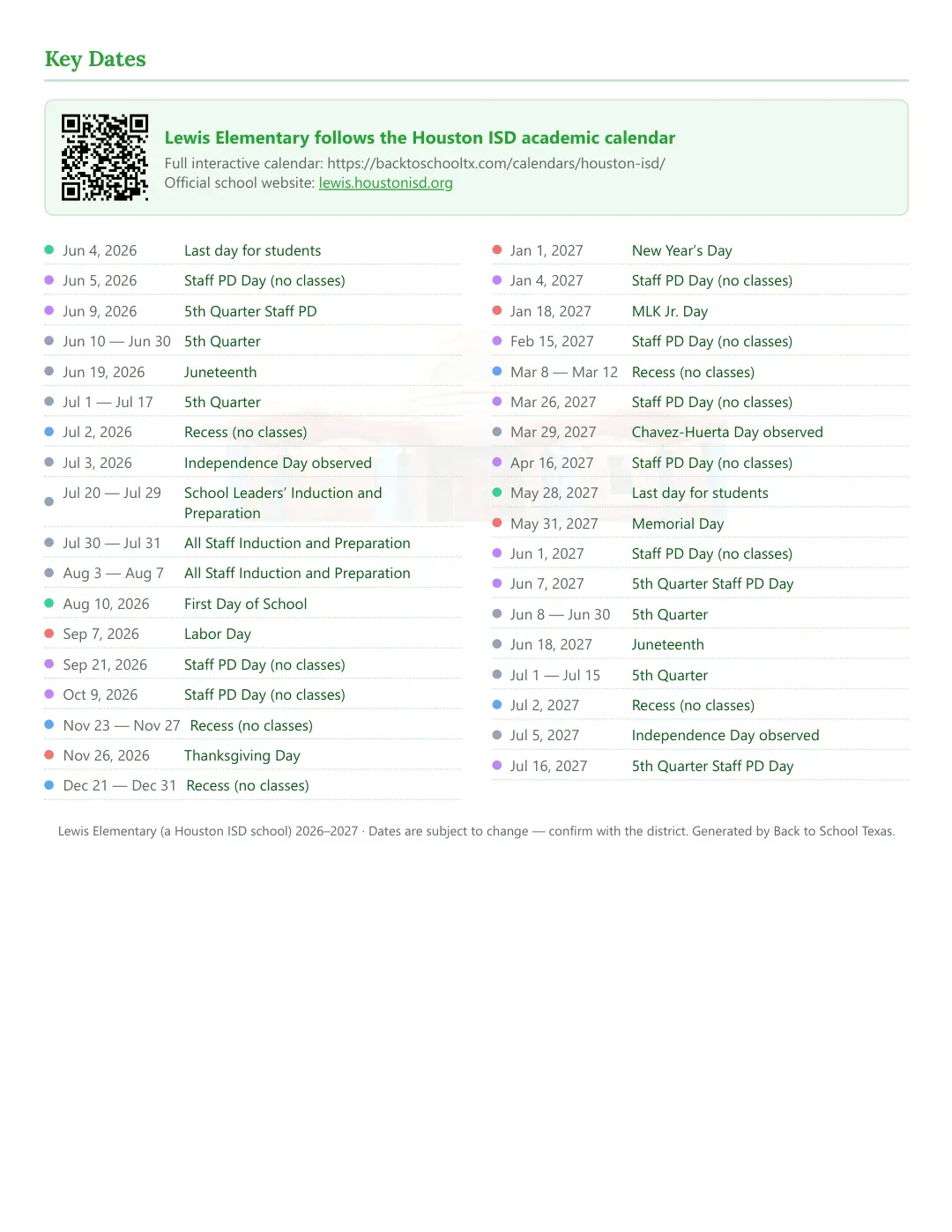 Lewis Elementary Calendar for the Year 26-27 — key dates