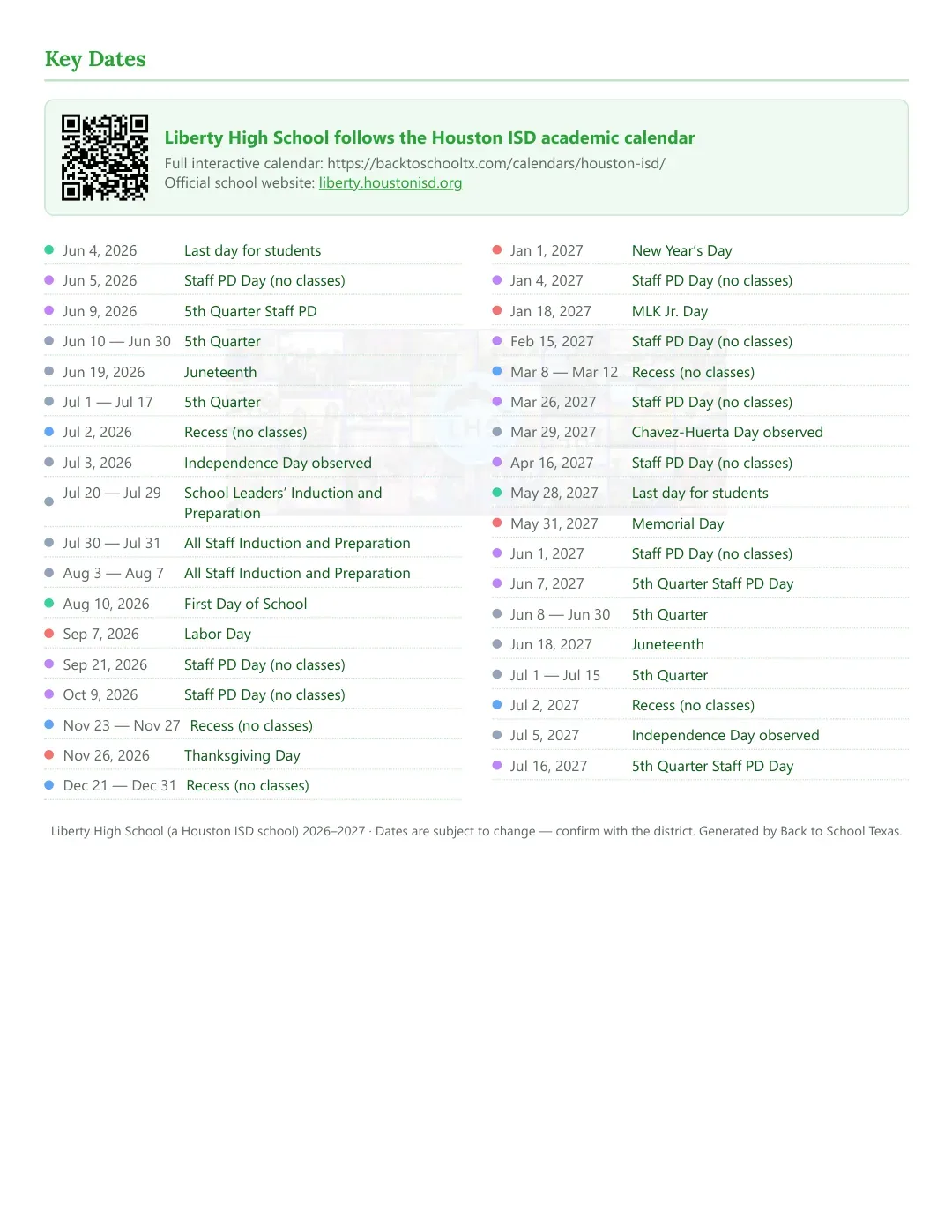 Liberty High School Calendar for the Year 26-27 — key dates