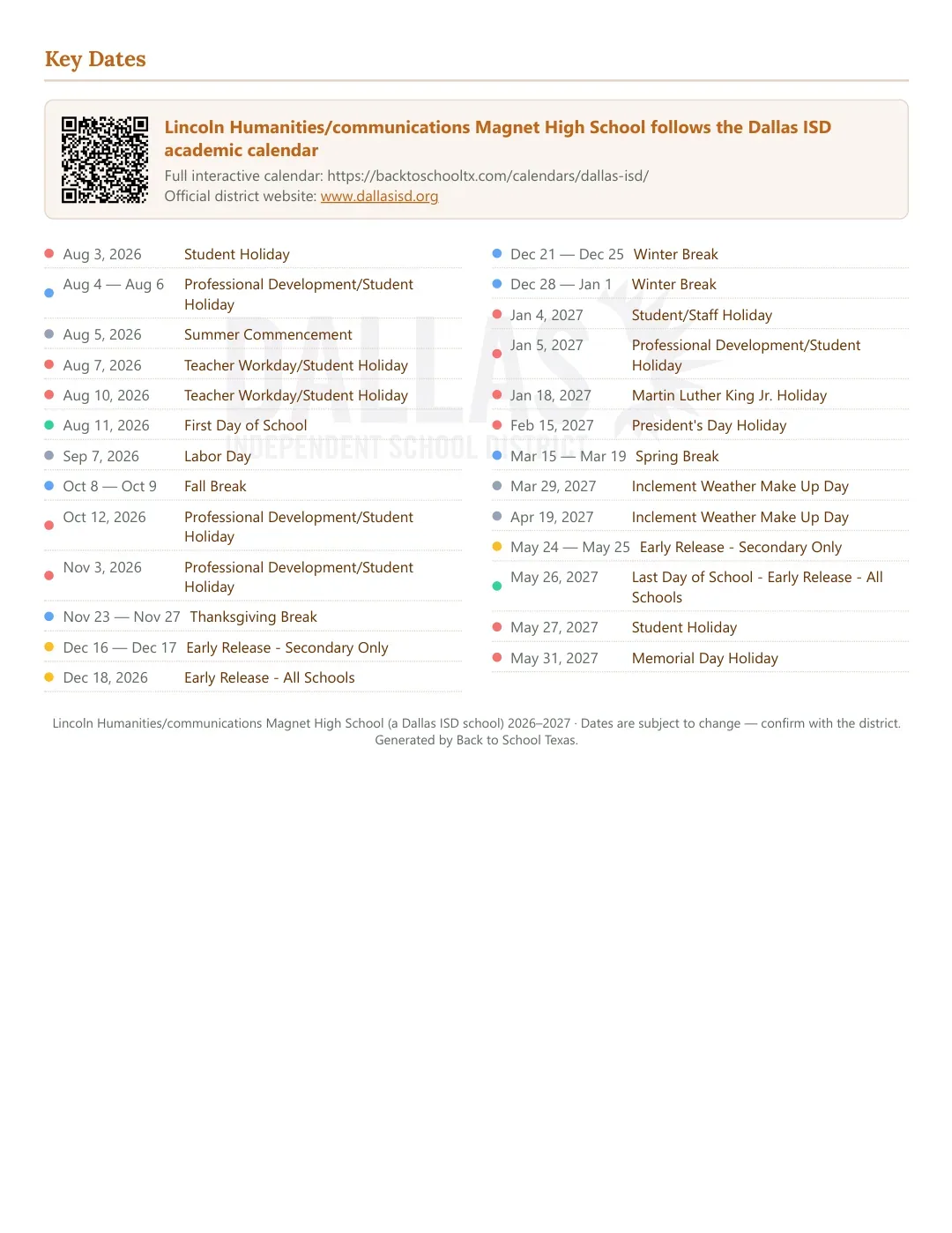 Lincoln Humanities/communications Magnet High School Calendar for the Year 26-27 — key dates