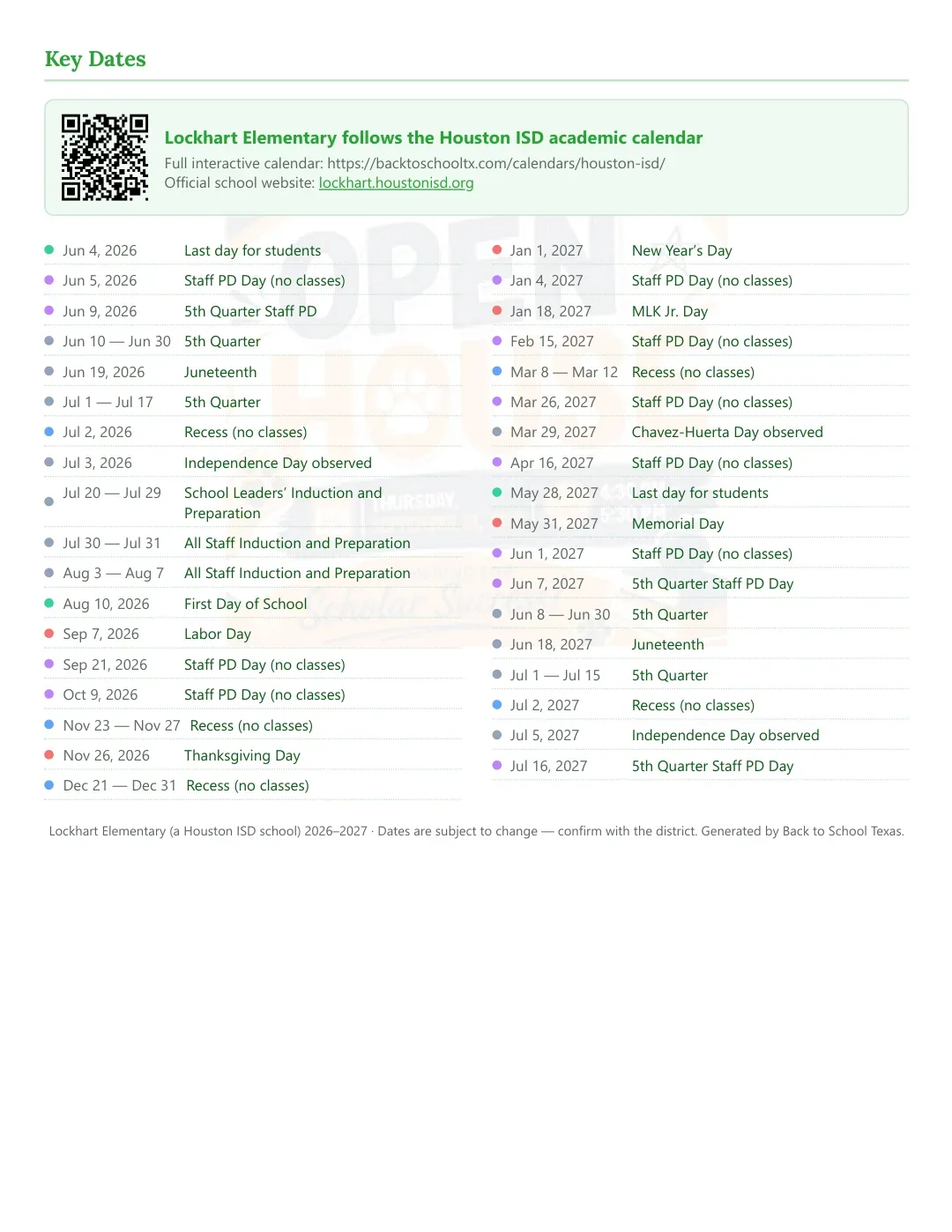 Lockhart Elementary Calendar for the Year 26-27 — key dates