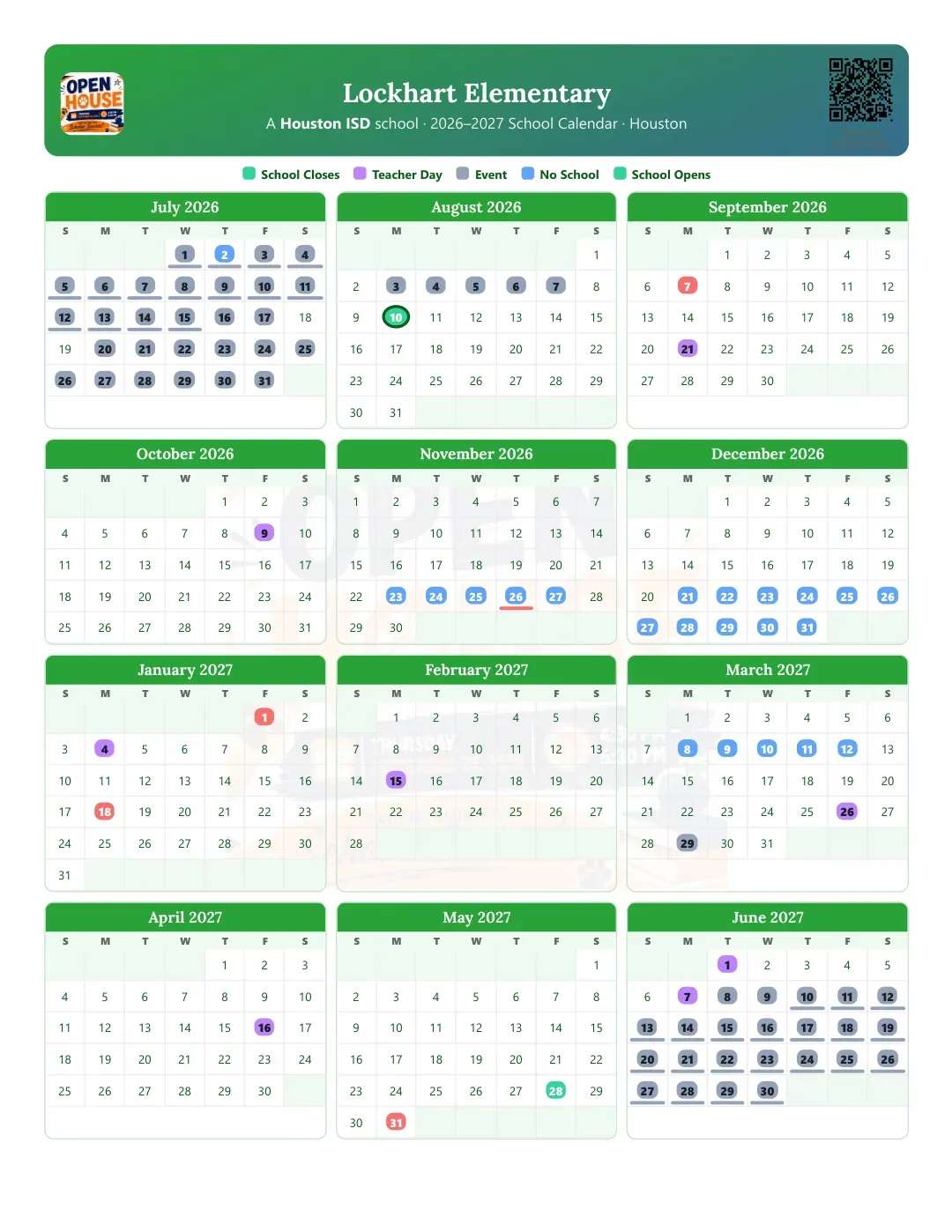 Lockhart Elementary Calendar for the Year 26-27