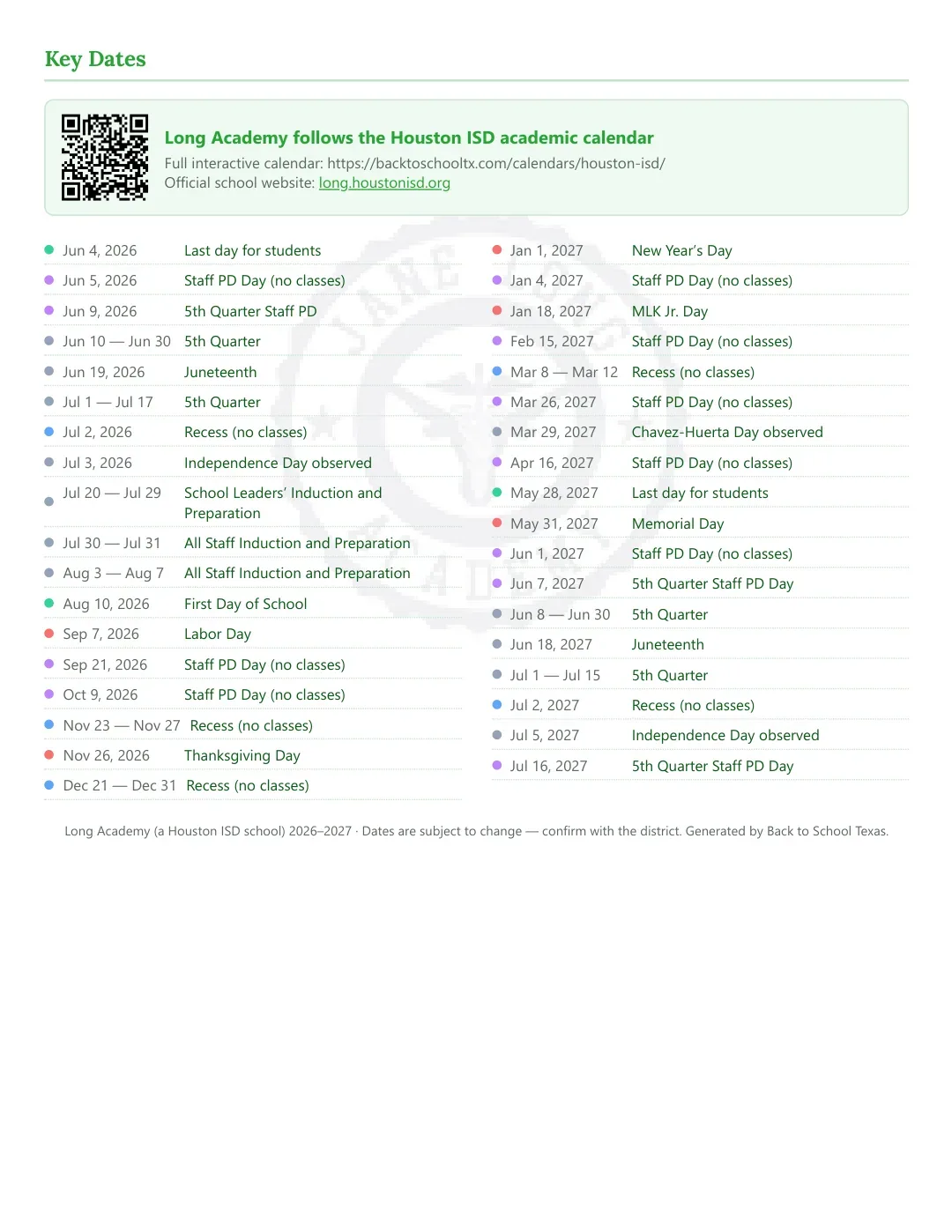 Long Academy Calendar for the Year 26-27 — key dates