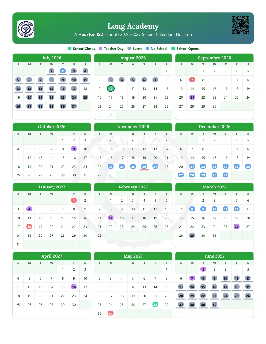 Long Academy Calendar for the Year 26-27