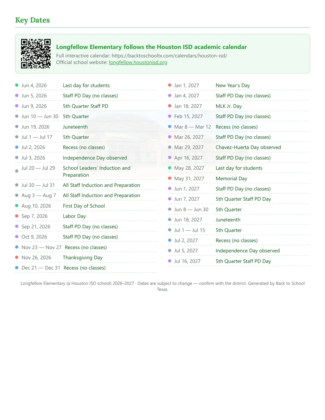 Longfellow Elementary Calendar for the Year 26-27 — key dates