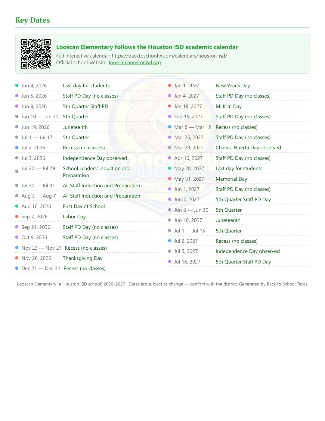Looscan Elementary Calendar for the Year 26-27 — key dates