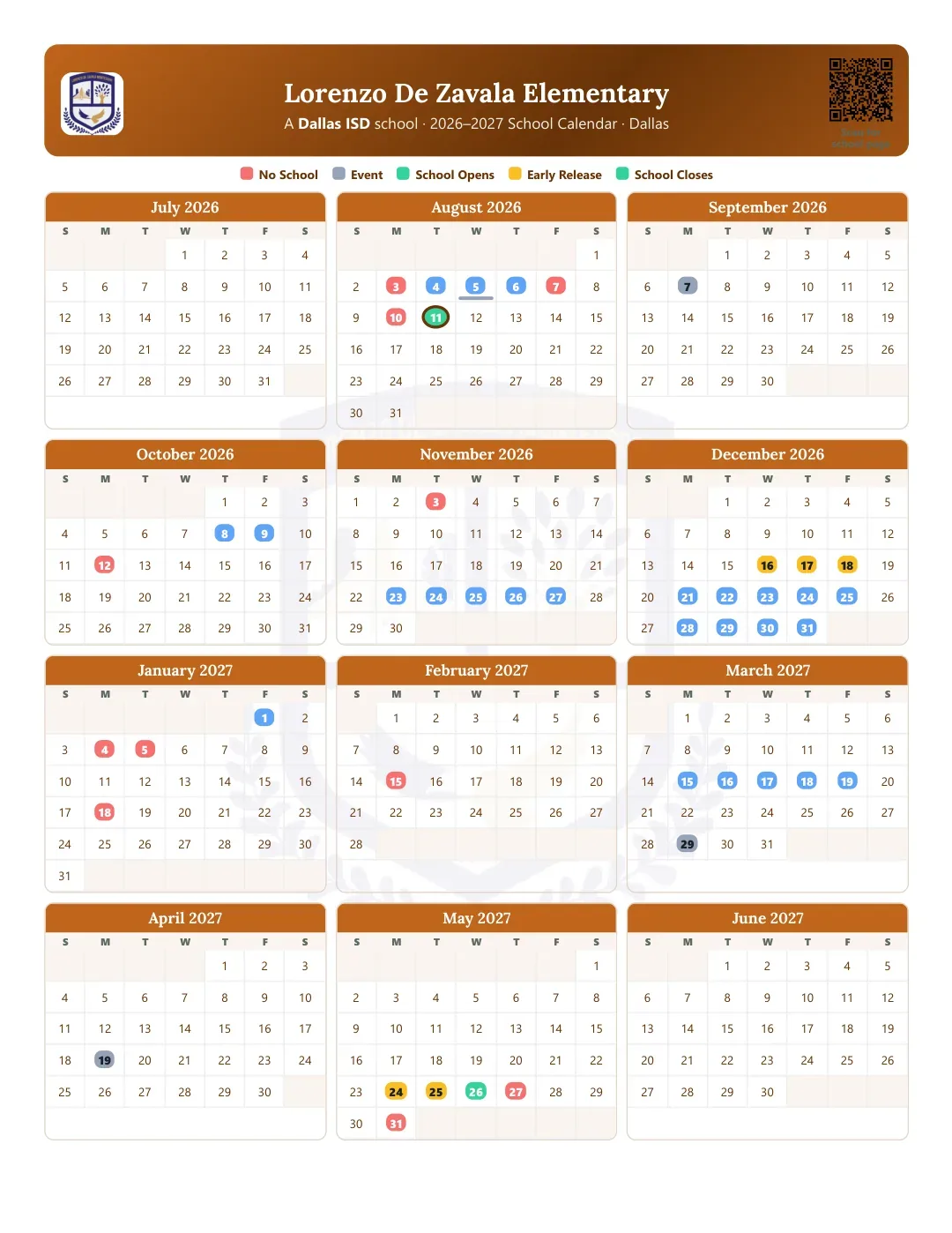 Lorenzo De Zavala Elementary Calendar for the Year 26-27