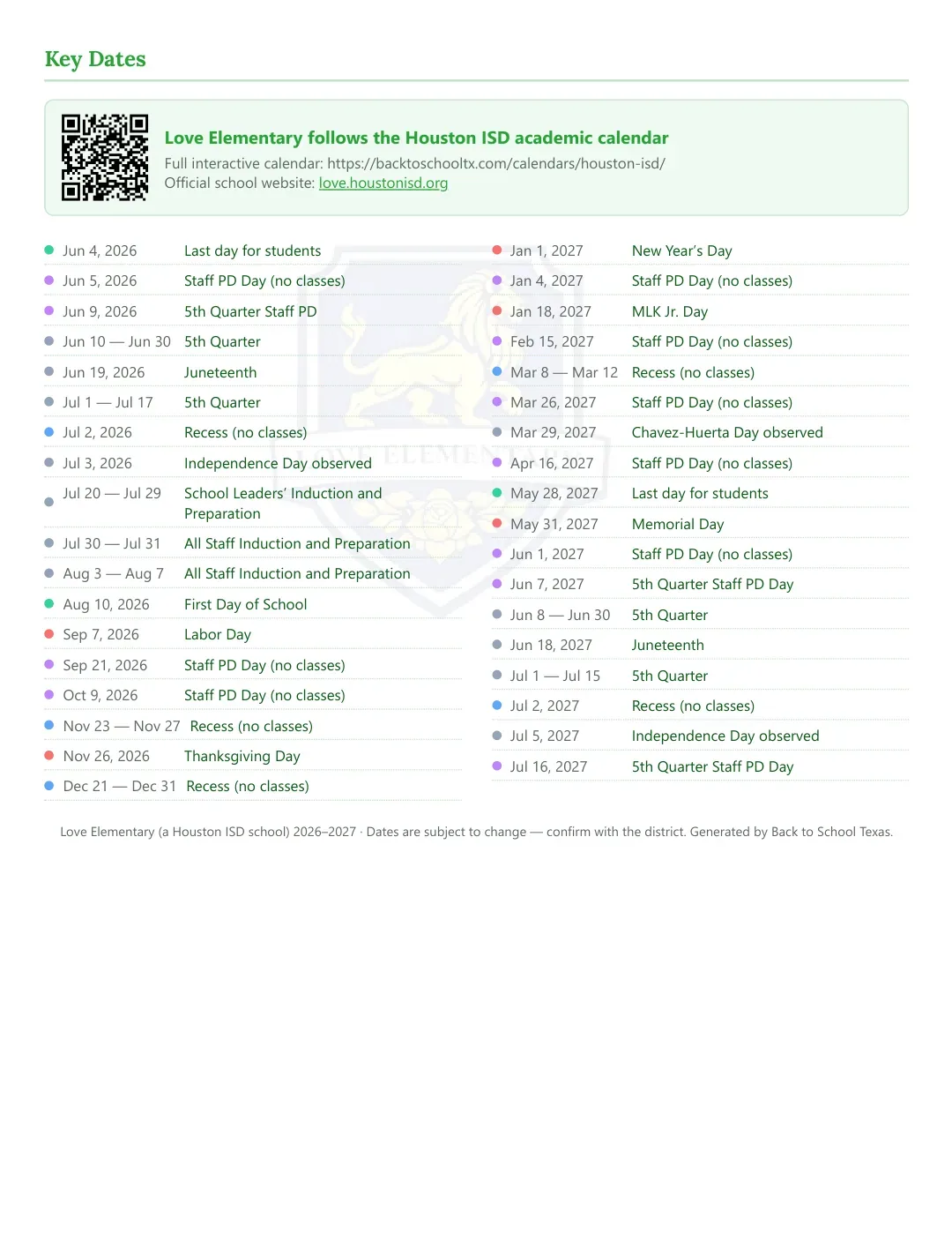 Love Elementary Calendar for the Year 26-27 — key dates
