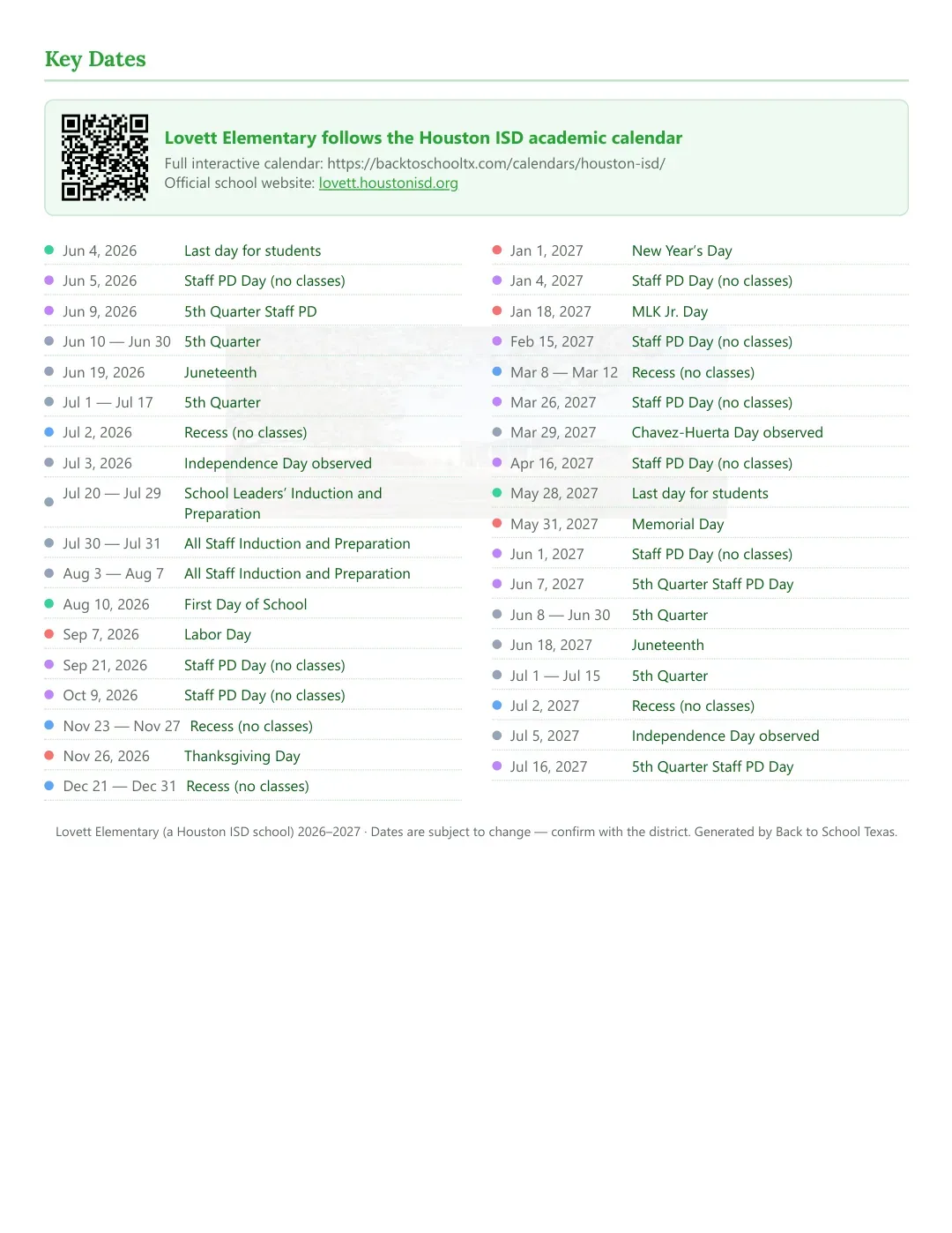 Lovett Elementary Calendar for the Year 26-27 — key dates